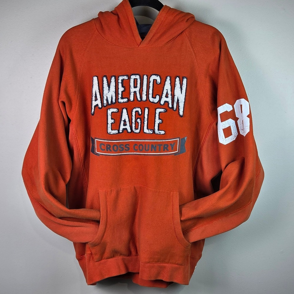 American Eagle Hoodie Mens Medium Orange Good Cross Country Graphic 68 Vintage